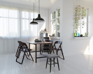 Modern Scandinavian dining room interior with a wooden table. Bright white kitchen with contemporary furniture and decor. 3D rendering.