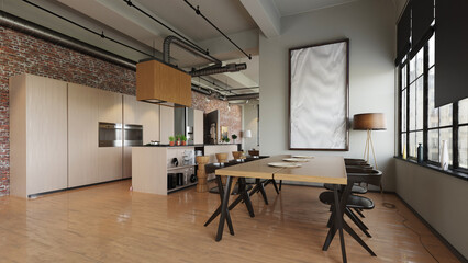 Modern industrial loft apartment with an open plan kitchen and dining room. Contemporary interior design with exposed brick walls. 3D rendering.