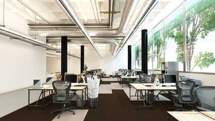 3D rendering of a modern open-plan office interior. Industrial style workspace with exposed ductwork. Corporate business environment.