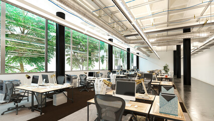 3D rendering of a modern open-plan office interior. Industrial style workspace with exposed ceiling and large windows. Corporate architecture concept.