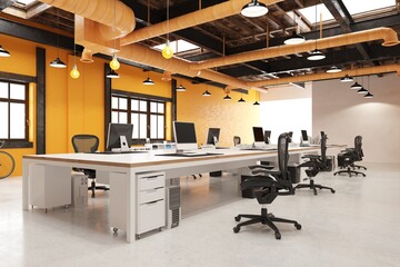 Modern industrial loft office interior. 3D rendering of an empty open-plan workplace with desks and computers.