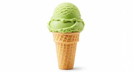 Delicious Pistachio Ice Cream in a Waffle Cone: A Refreshing Summer Treat, Perfect for Food Blogs, Restaurant Menus, and Culinary Websites. High-resolution image showcasing vibrant green ice cream ...