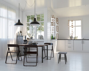 Modern Scandinavian kitchen and dining room interior. Bright home with white walls and minimalist furniture. 3D rendering of a contemporary apartment.