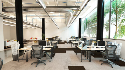 Modern open-plan office with an industrial design. Empty contemporary workplace interior. Architectural 3D rendering.