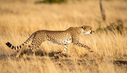 Fototapeta premium a slender leopard is running, its sharp gaze fixed on the viewer