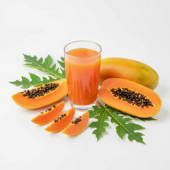 Fresh papaya juice with sliced papaya and green leaves on a white background.