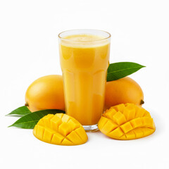 Refreshing mango juice with fresh mangoes and green leaves on a white background.