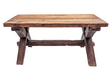 Antique wooden bench with weathered texture isolated on transparent background. Old wooden table isolated on white background.