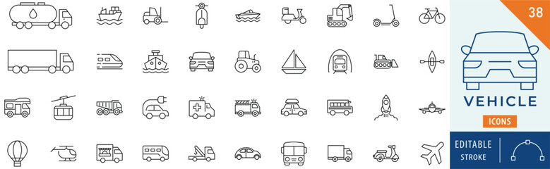 Vehicle icon collection set. Editable stroke.