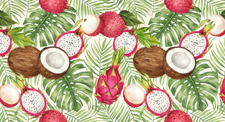 Seamless pattern of tropical fruits and leaves