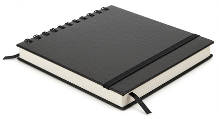 High-Resolution Image of a Closed Black Spiral Notebook with Elastic Closure and Ribbon Bookmark - Perfect for Mockups, Branding, and Stationery Designs.  This meticulously detailed photograph show...