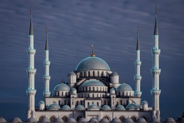 Fototapeta premium Grand Ottoman Mosque with Blue Domes and Tall Minarets Under Cloudy Sky architecture building