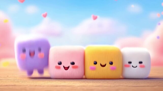 Volumetric, fluffy, colorful 3D cube characters with smiling faces jump cheerfully. These joyful, happy, colorful cube characters have eyes and mouth
