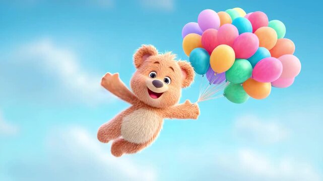 A happy, cheerful, smiling teddy bear flies high on colorful balloons against a blue sky, smiling and waving its paw