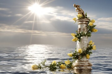 A light cream-colored column, adorned with yellow roses, stands in a body of water.  A small golden statue atop. Sunlight shines through clouds