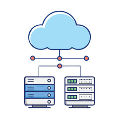 Cloud computing data center servers connected to a blue cloud symbol