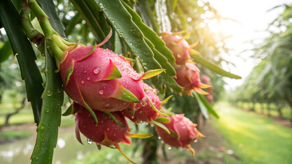 Dragon fruit hanging tree in garden, Dragon fruit tree in natural warm sunlight background