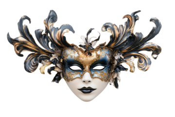 Ornate venetian masquerade mask with feathers isolated on transparent background. Opera carnival mask isolated on white background.