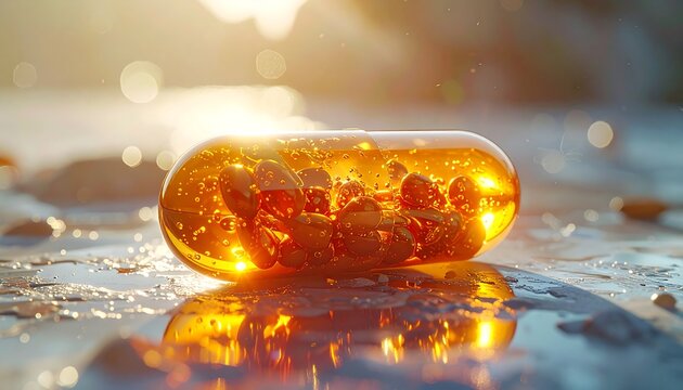 Close-up of a golden capsule with a shiny reflection.