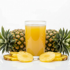 Fresh pineapple juice in a glass with whole pineapples and slices.
