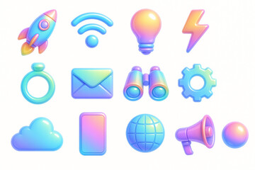 Glossy 3D Gradient Icon Set in Futuristic Pastel Style for Technology and Communication