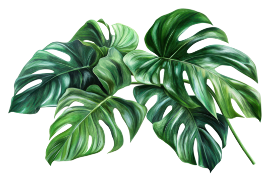Lush green monstera deliciosa plant leaves isolated on transparent background. Deliciosa plant leaves isolated on white background.