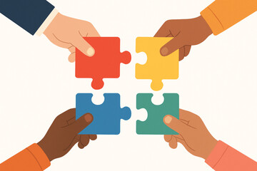 Flat Vector Illustration of Diverse Hands Holding Puzzle Pieces for Teamwork and Unity