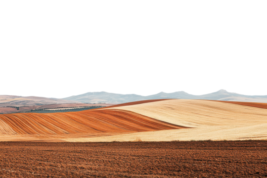 Rolling desert hills with snow capped mountains and dark sky isolated on transparent background. Picturesque agricultural field panoramic view isolated on white background. - Powered by Adobe