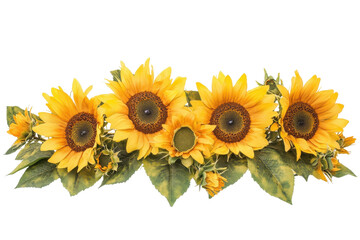 Fototapeta premium A garland of bright yellow sunflowers with green leaves isolated on transparent background. Picturesque sunflower field isolated on white background.