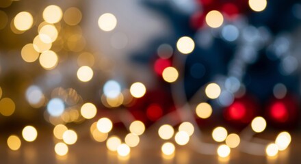 Obraz premium Festive Golden Bokeh Lights on Wooden Surface with Red Ornaments and Blue Backdrop