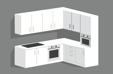 Modern flat vector illustration of a stylish kitchen interior with cabinets, stove, sink, and appliances. Minimalist home design layout, perfect for cooking, dining, and household decoration.