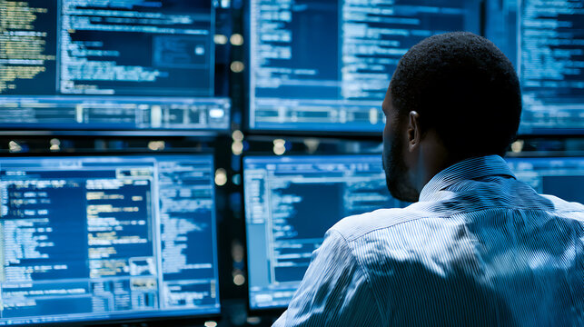 Man working in a control room with multiple computer monitors displaying code and data