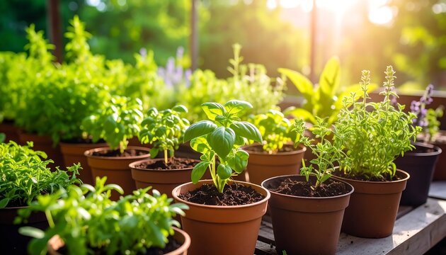 Lush green herbs thrive in terracotta pots, bathed in sunlight