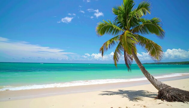 Idyllic tropical beach scene; palm tree leaning towards turquoise ocean