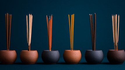 Decorative pots with incense sticks arranged in a row.