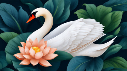 Elegant swan beside a blooming lotus amidst lush foliage.