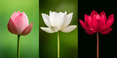 Three lotus flowers in different colors against soft backgrounds.