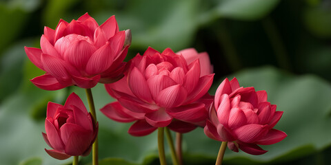 Vibrant red lotus flowers blooming against a green backdrop.