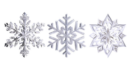 Decorative Snowflake Trio in 3D Metallic, Flat Icon, and Paper Cut Styles isolated on transparent background