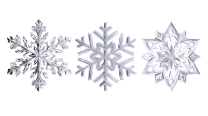 Decorative Snowflake Trio in 3D Metallic, Flat Icon, and Paper Cut Styles isolated on transparent background