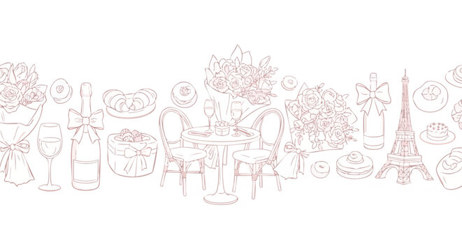 Charming Parisian celebration scene with Eiffel Tower, champagne, roses, pastries, and romantic cafe setting