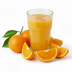 Fresh orange juice in a glass with oranges and slices on a white background.