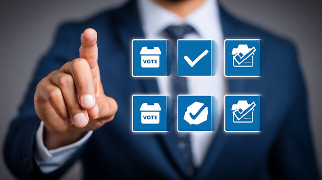 Person in suit selecting digital voting icons on a touch interface