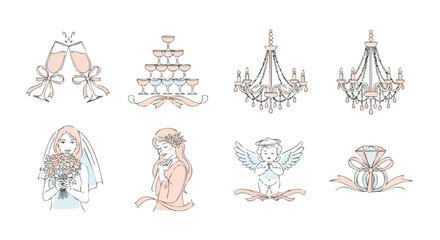 Elegant wedding icons featuring champagne, chandeliers, brides, cherub, and rings, perfect for invitations, decor, and celebrations.
