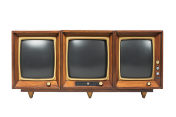Vintage triple screen television set isolated on transparent background. Retro TV boxes with frame screen isolated on white background.
