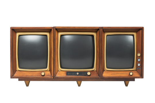 Vintage triple screen television set isolated on transparent background. Retro TV boxes with frame screen isolated on white background.
