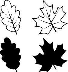  Oak and Maple Leaf Silhouettes – Outline and Solid Leaf Icons for Design, Print, and Digital Art