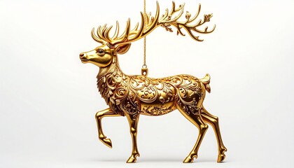 Obraz premium Gold reindeer ornament, intricate details, shiny surface, hanging loop, isolated on white background. 