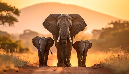 African elephant family on a dirt road at golden hour sunset.