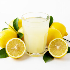Refreshing glass of lemonade with fresh lemons and green leaves.